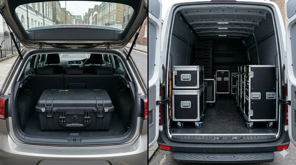 Inear Rack bauen Bandbus vs. Auto kofferaum Auto und Bandbus beladen mit Racks zum größenvergleich